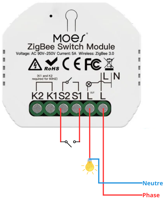 Câblage du micromodule relais sans neutre ZigBee Moes ZM-104-L-MS